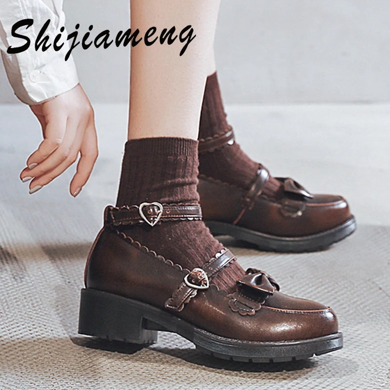 

2022 Genuine Leather Retro jk uniform small leather shoes women summer bow thick heel thick bottom Lolita women shoes designer