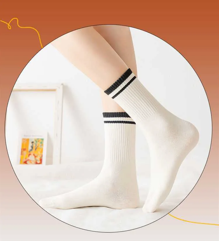 Yasuk All Season Women's Fashion Soft Print Stripe All-Match Lovely Girl Casual Sporty Comfortable High Socks 5Pcs Student