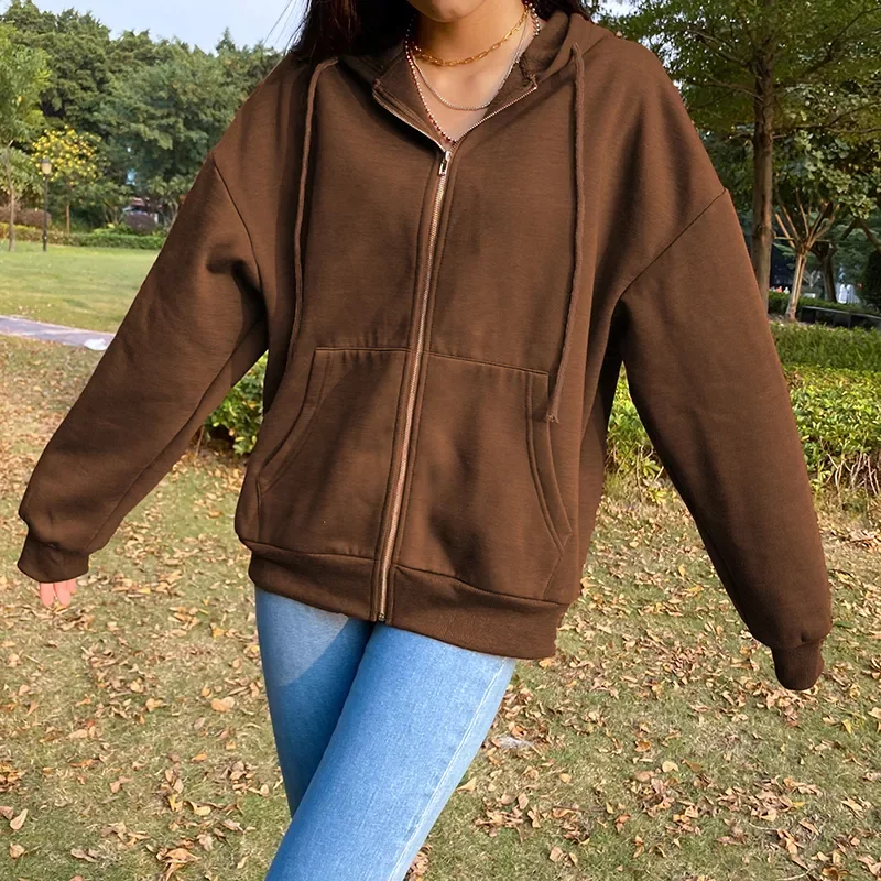 

NEW 2023 Brown Y2K Aesthetic Hoodies Women Vintage Winter Thick Zip Up Sweatshirt Jacket Streetwear Letter Black Hooded Female C