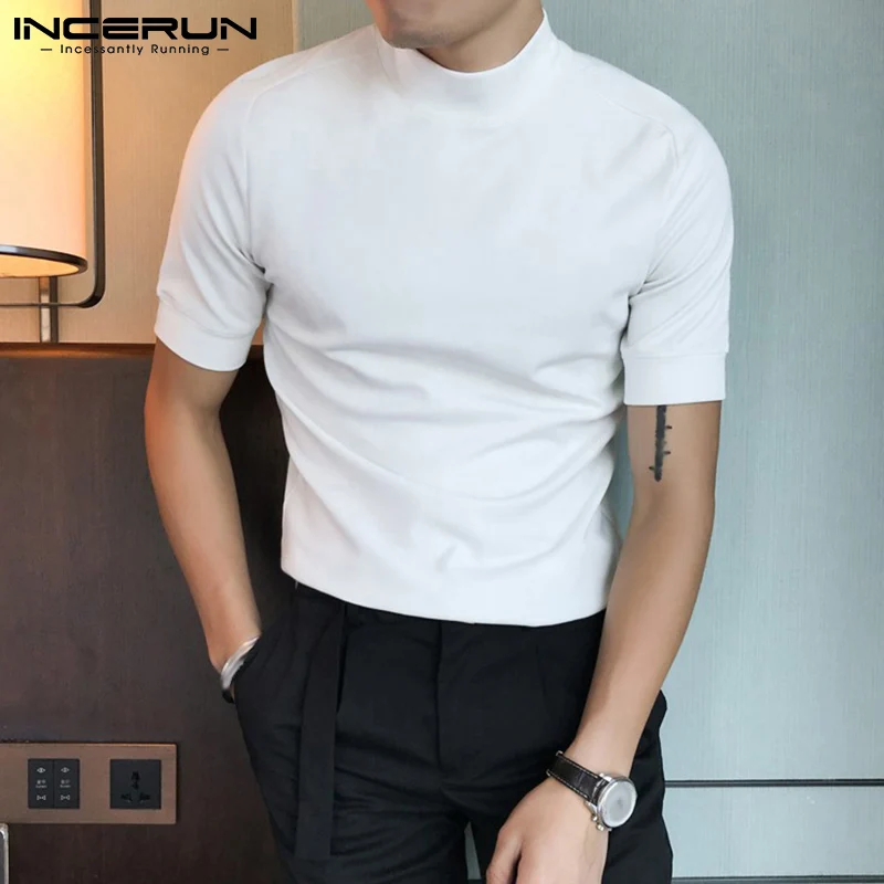 

INCERUN Korean Style Men's Solid Color Comfortable Camiseta Fashion Casual Male Tight Knit High Neck Short Sleeve T-shirts S-5XL