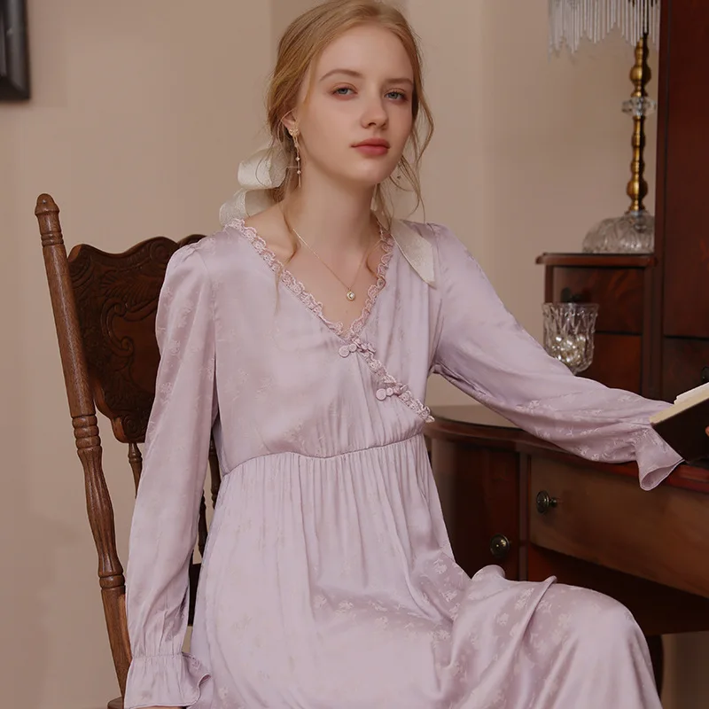 SXTHAENOO Princess Vintage Lace Nightgowns Autumn Ice Silk filigree V-neck Sleeve Nightdress Women Sweet Long Nightie Sleepwear