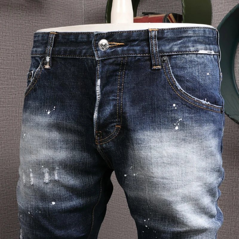 High Street Fashion Men Jeans Retro Blue Elastic Slim Fit Ripped Jeans Men Buttons Trousers Vintage Designer Brand Pants Hombre