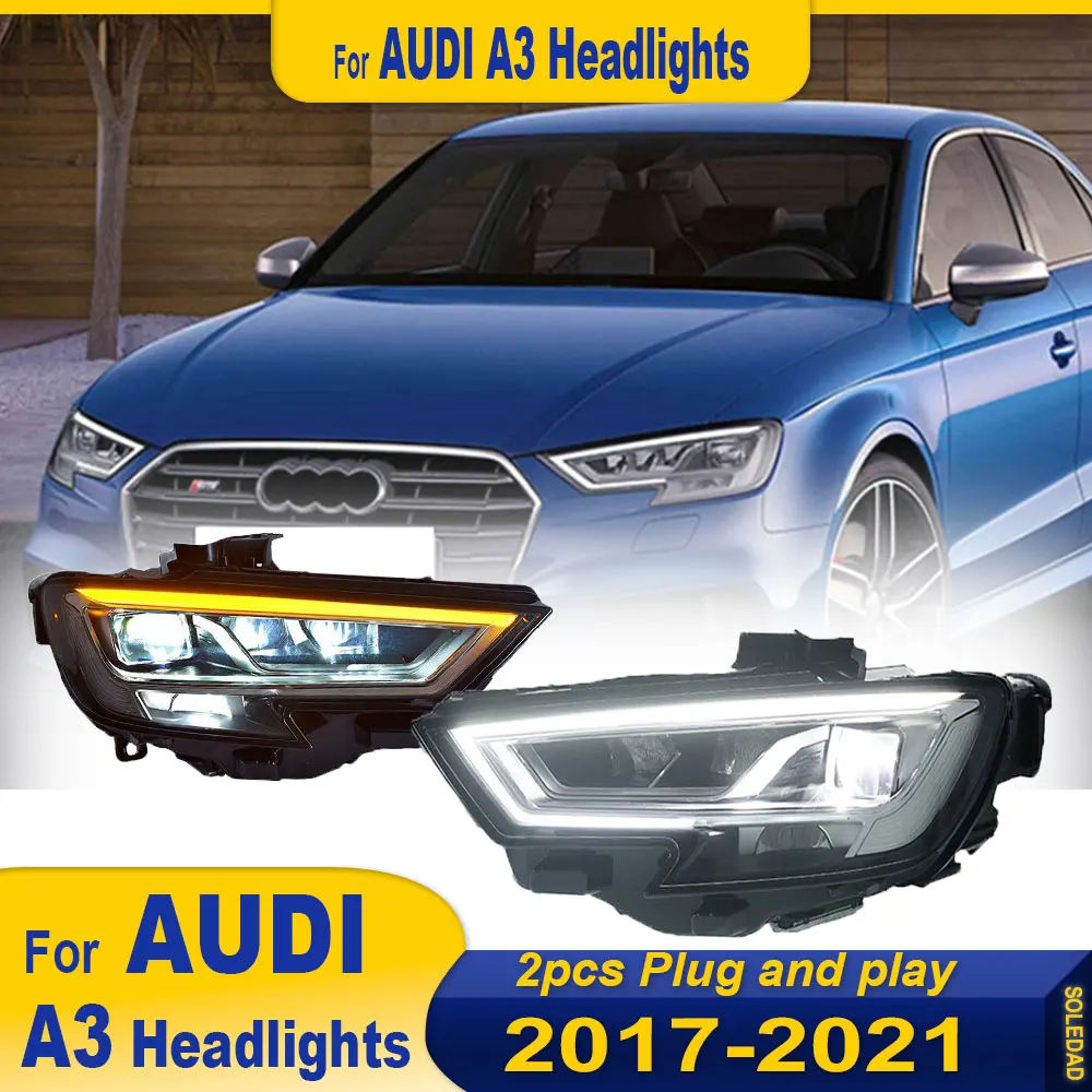 Фото Стайлинг автомобиля для фар Audi A3 2017-2021 S3 Full LED DRL Желтый указатель поворота Ксеноновый луч Автомобильные передние фары в сборе №1