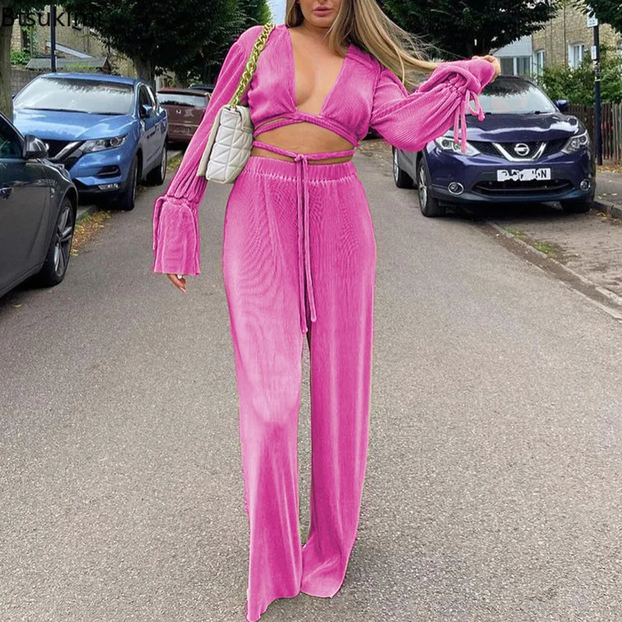 

2022 Summer Pink Pants Set Women Casual Loose Bandage Blouses Shirt Matching Set Wide Leg Trousers Suit Woman 2 Piece Pant Sets