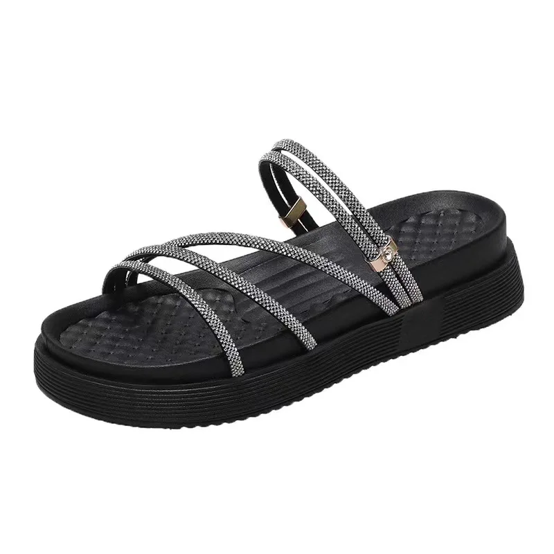 

2022 new net red two wearing muffin thick soled sandals women fashion wearing Rhinestone flat bottom fairy sandals