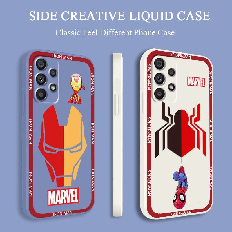 

Phone Case For Samsung A73 A53 A33 A52 A32 A23 A22 A71 A51 A21S A03S A50 A30 5G Marvel SpiderMan Iron Man Liquid Rope Cover