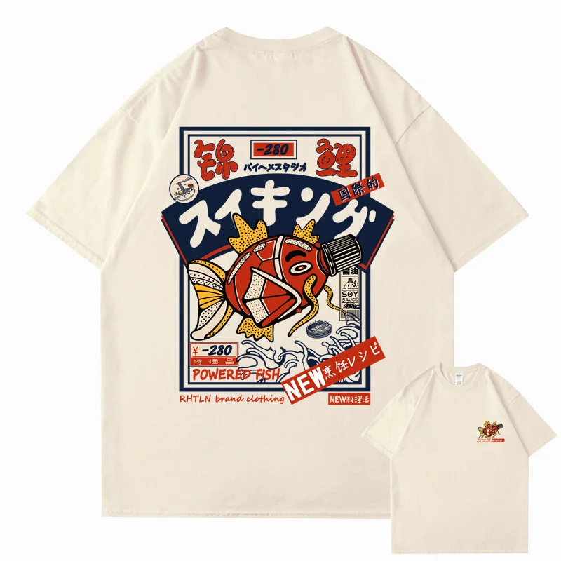 Фото Hip Hop Streetwear Harajuku T-shirt Japanse Kanji Fish Print T-shirt 2024 Mannen Katoen Casual Korte Mouw T-shirt Japan Stijl №5