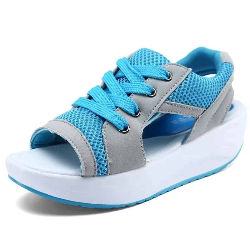 Summer Shoes Women's Sandals 2021 New Fish Head Lace-up Wedge Sandals Women's Breathable Casual Shoes Women's Sports Shoes