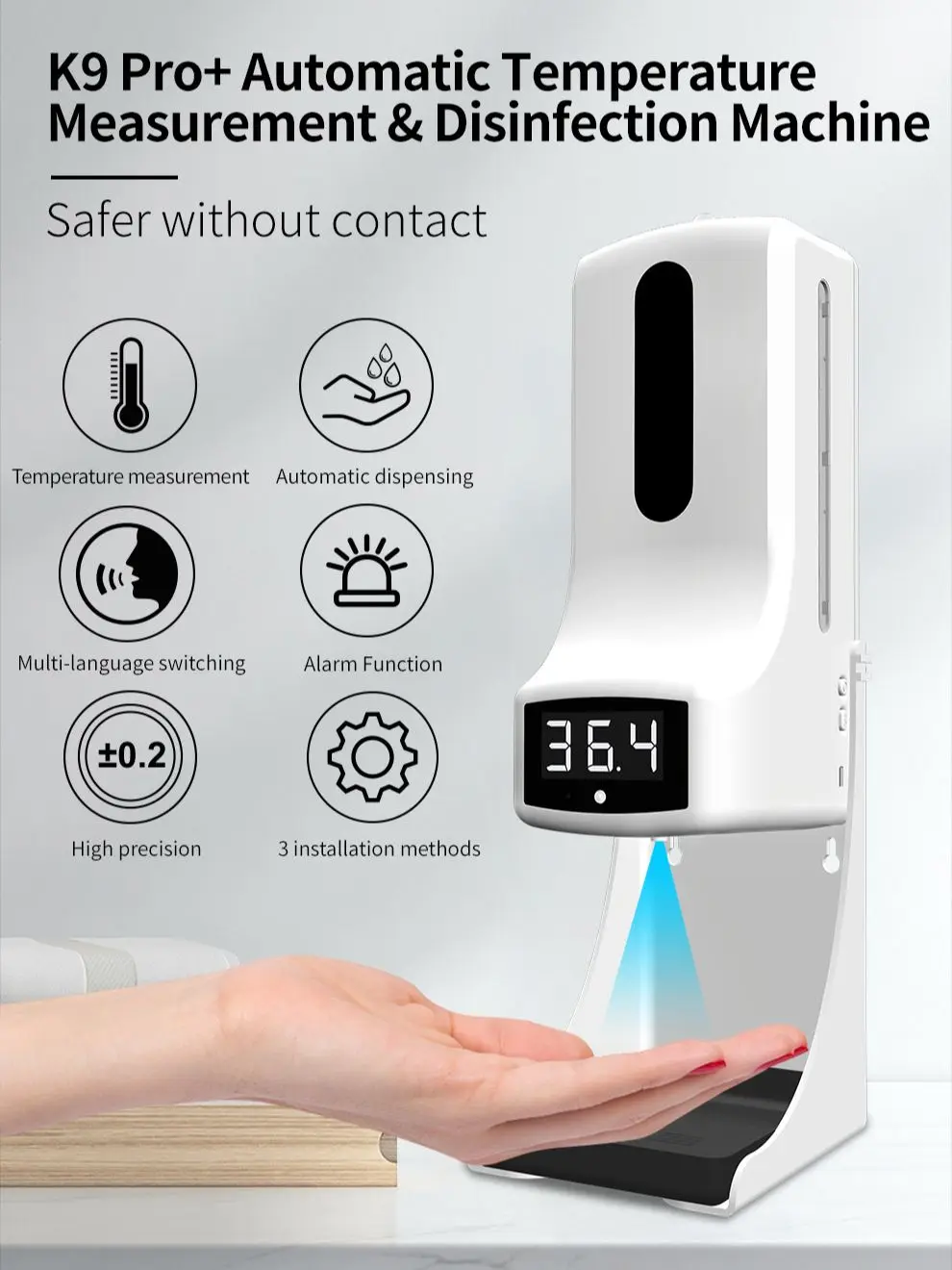 

K9 Pro Touchless Automatic Liquid Alcohol Gel Hand Dispenser Non-Contact Wall Mounted Digital Thermometer