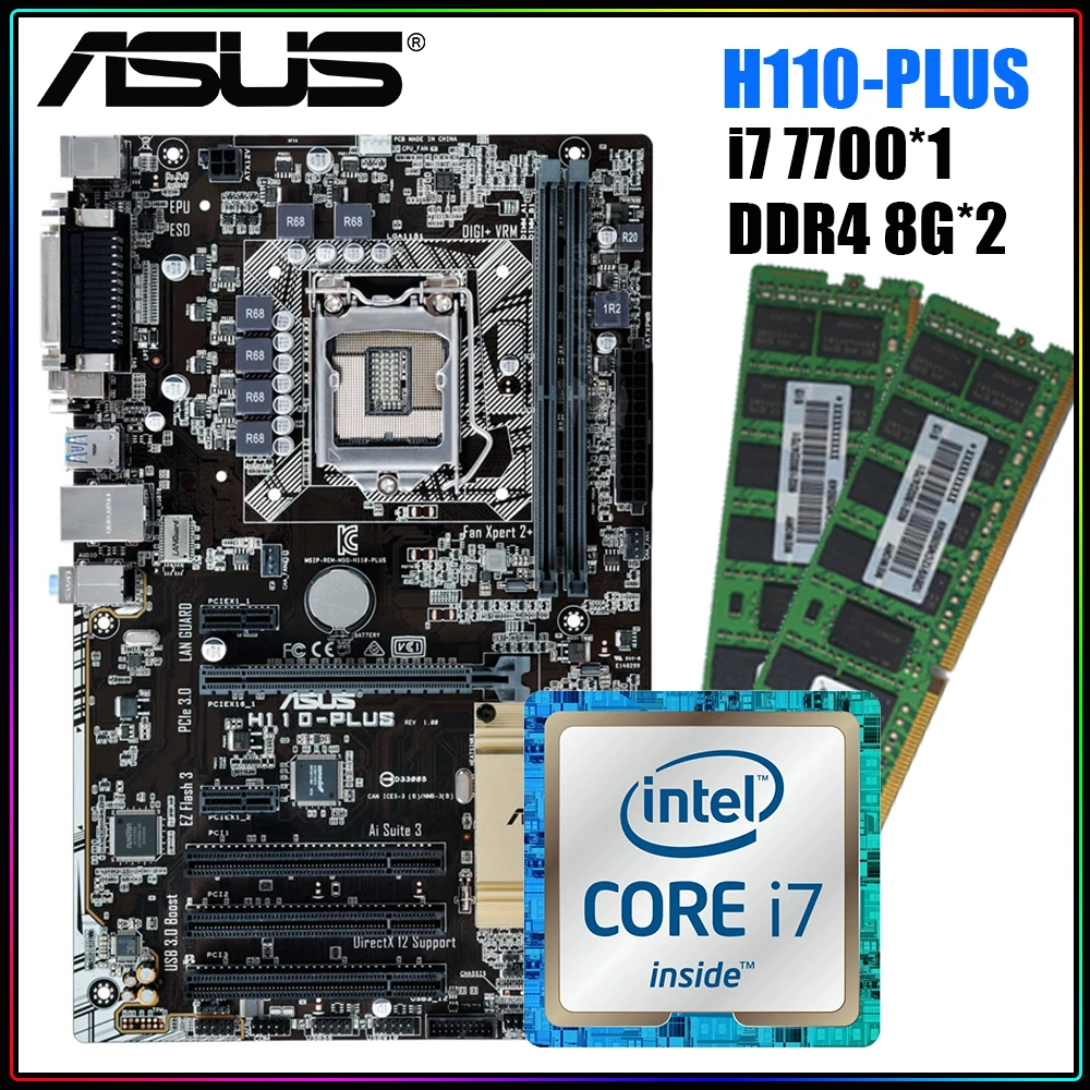 

Материнская плата ASUS H110-PLUS + intel i7 7700 + два DDR4 8 ГБ, комплект материнской платы CPU, набор материнской платы для офисных игр, комплект Intel H100