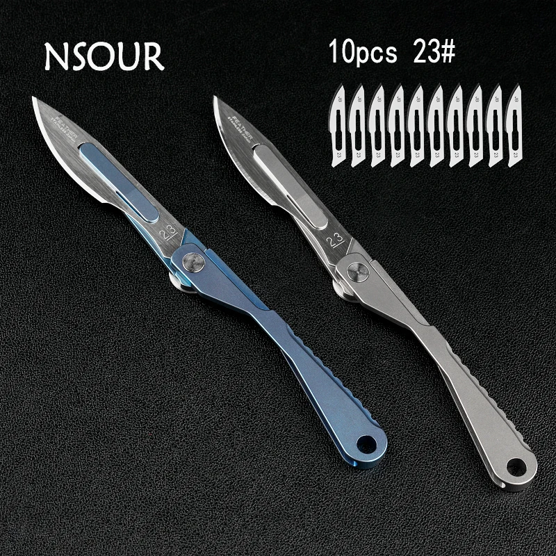

New Titanium alloy scalpel quick opening folding medical knife 10 pcs of 23 replaceable blades, also used for camping or carving