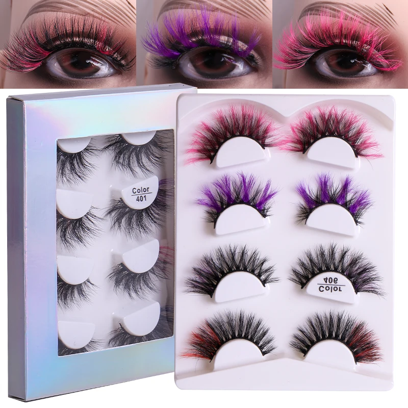 

4PairsColored Lashes 20mm 5D Thick Mink Lash Bulk Wholesale Color False Eyelashes 3D Dramatic Makeup Faux Mink Eyelash Mix Color