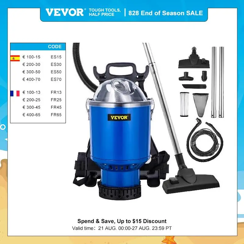 VEVOR Home Vacuum Cleaner 4L Commercial Industrial 5 in 1 Lightweight Backpack Vacuum W/ HEPA Filter For Sofa Car Washing Office