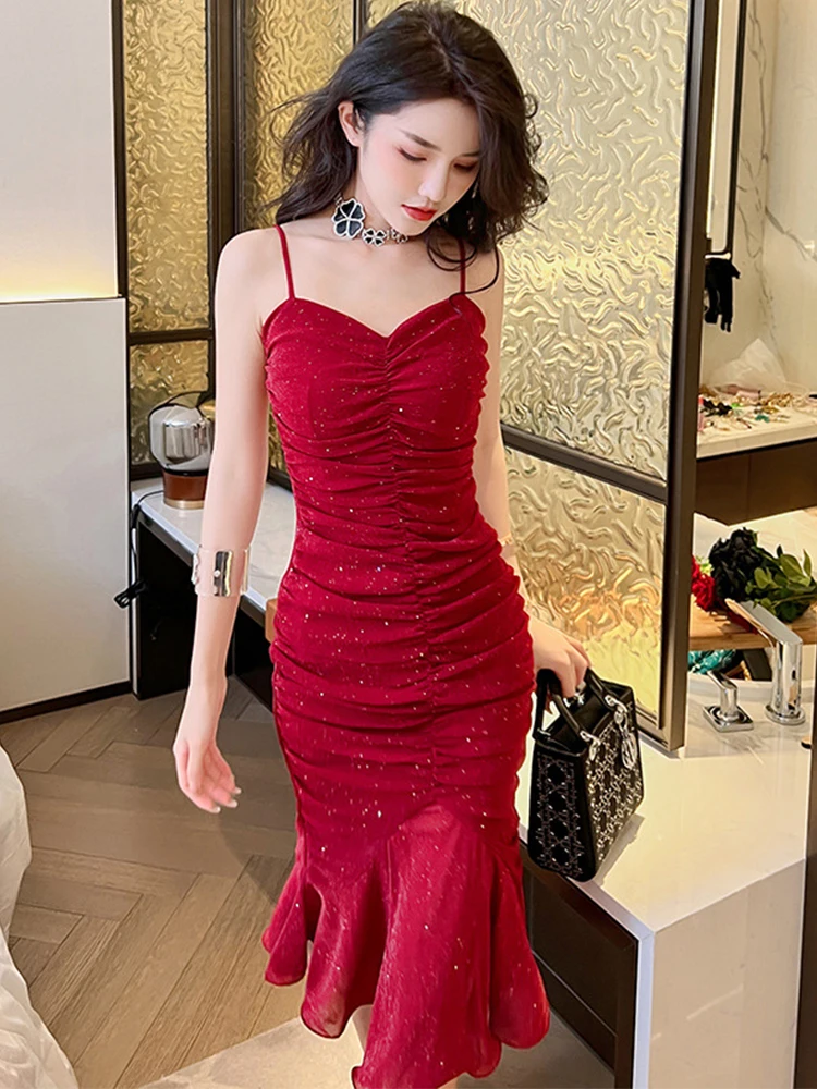 

Summer Women's Long Dress Elegant Sexy Mesh Shiny Crystal Glitter Folds Bodycon Trumpet Robe Evening Party Wedding Femme Clothes