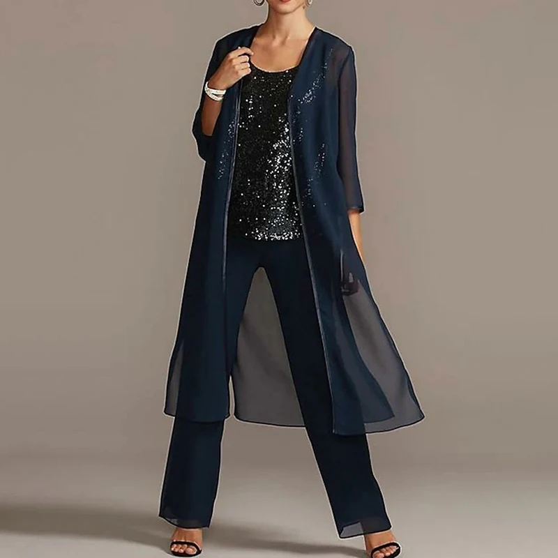

Elegant Mother of the Bride Dress Pantsuit Sequined Scoop Neck Floor Length Chiffon Formal Occasion Wedding Guest Party Skirt