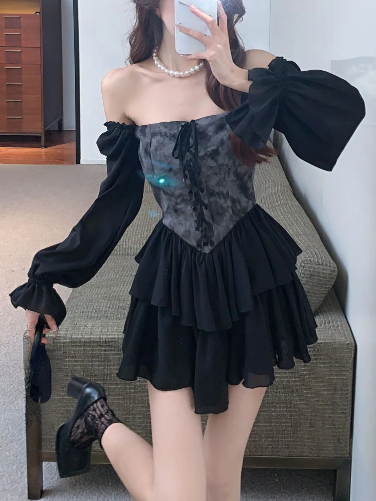 

Y2K Mini Dress Gothic Slim 2022 Fall Casual Long-sleeved Floral Black Dresses Women Korean Fashion Sexy Short Dress