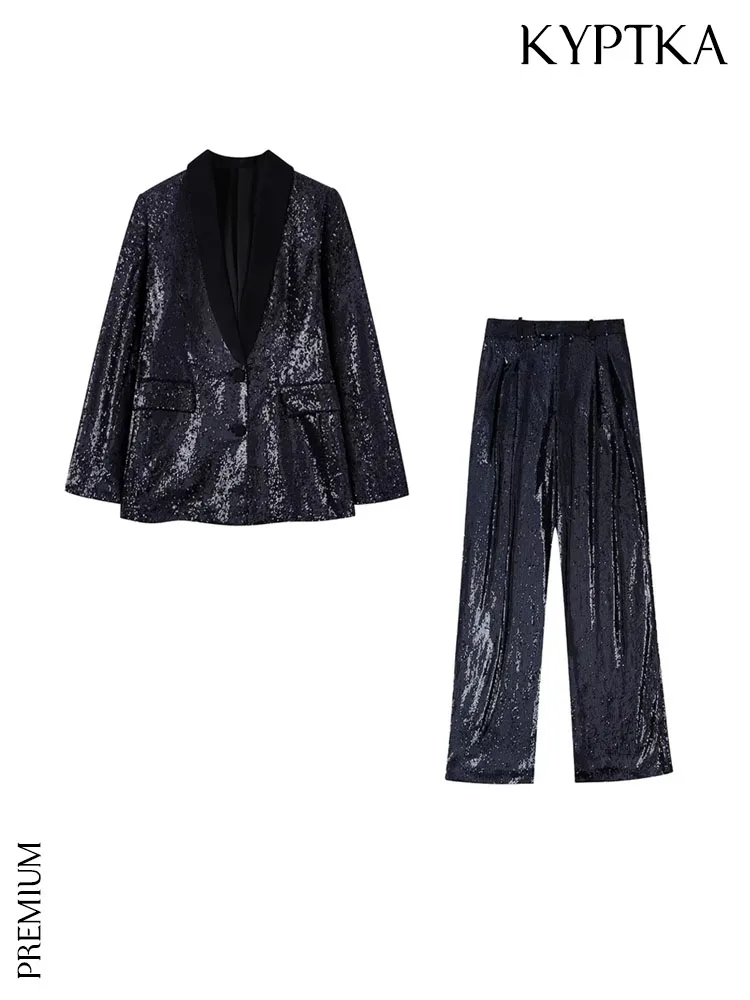 

KYPTKA Women Fashion Front Button Sequins Blazer Coat And High Waist Zipper Fly Wide Leg Pants Female Two Pieces Sets Mujer