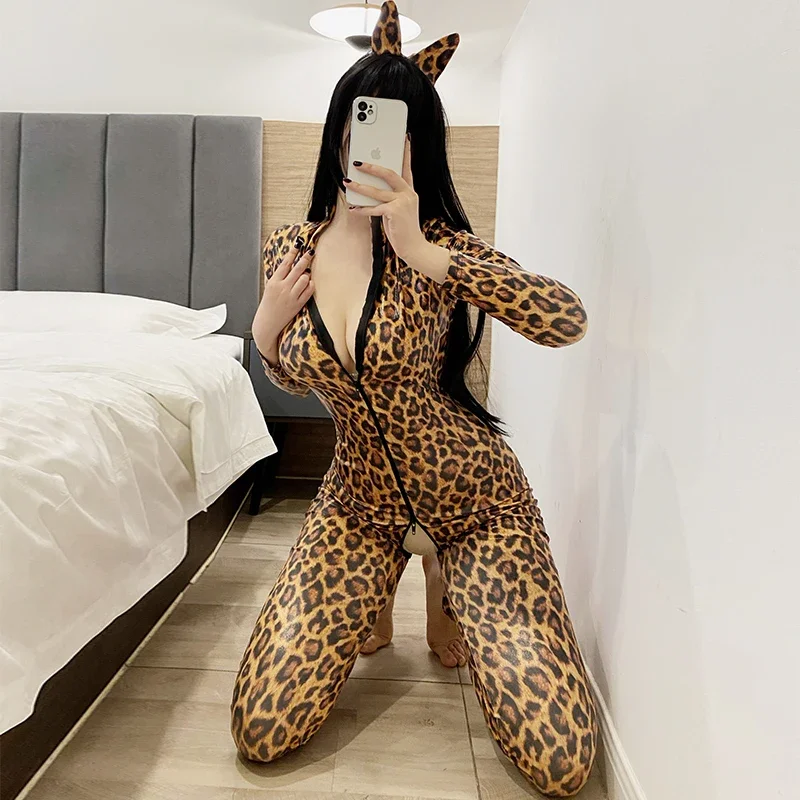 

Леопардовый сексуальный комбинезон, Женский мокрый костюм из искусственной кожи, эротический привлекательный комбинезон на молнии с открытой промежностью, Порно комбинезон, сексуальные костюмы хозяйки
