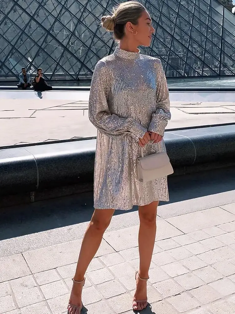 

Блестящее Серебряное платье с высоким воротником, длинным рукавом, блестками, тюлем, эластичным поясом, свободное Повседневное платье для вечеринки, ночного клуба, женское мини-платье