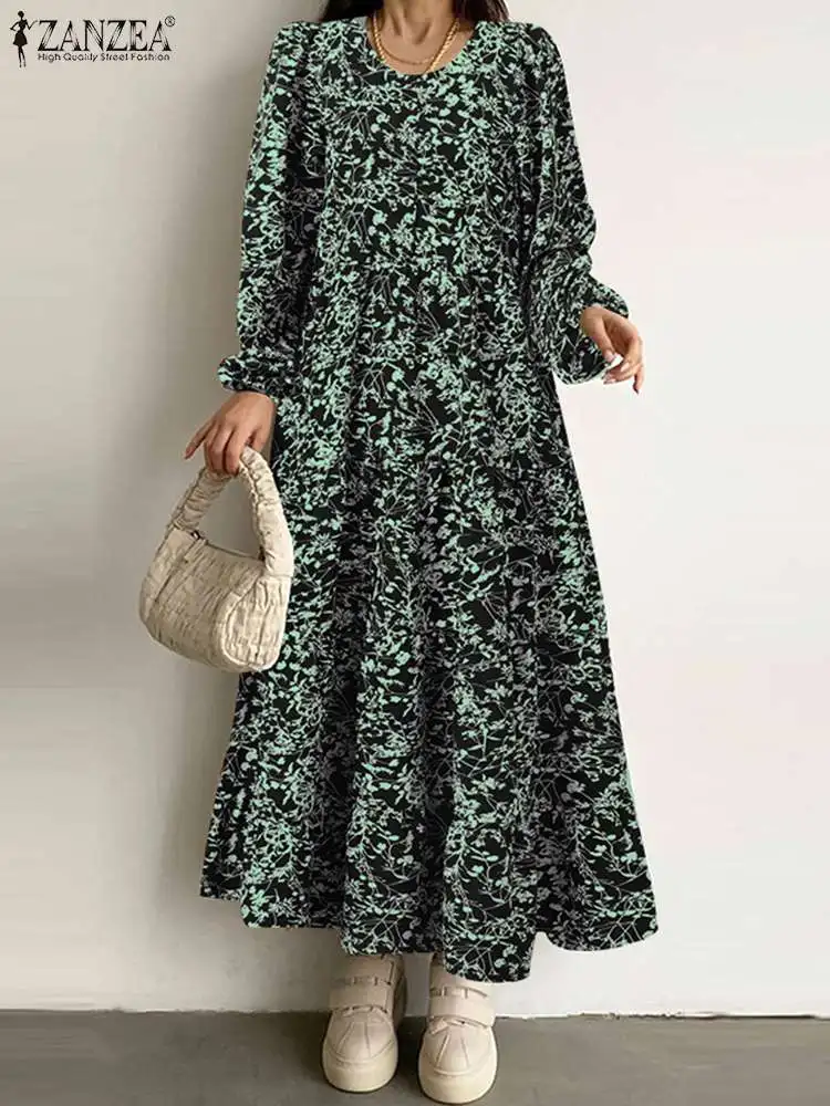 

ZANZEA Puff Sleeve Casual Maxi Dress Bohemian Loose Dresses Floral Printed Pleated Tiered Vestidos Fashion Women Autumnn Robes