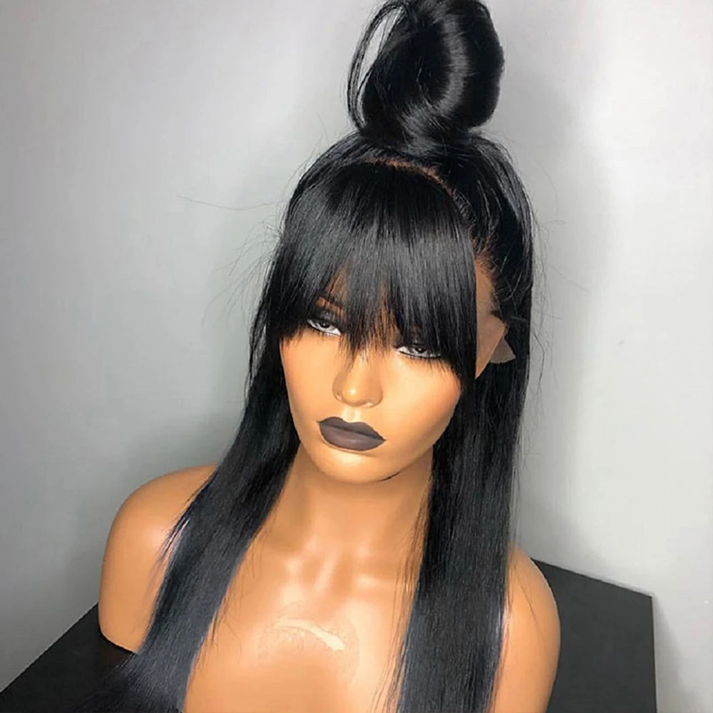 

Silky Straight Pre Plucked 13X4 Lace Front Wigs With Bangs 200 Density Brazilian Virgin Human Hair Natural Wig For Women