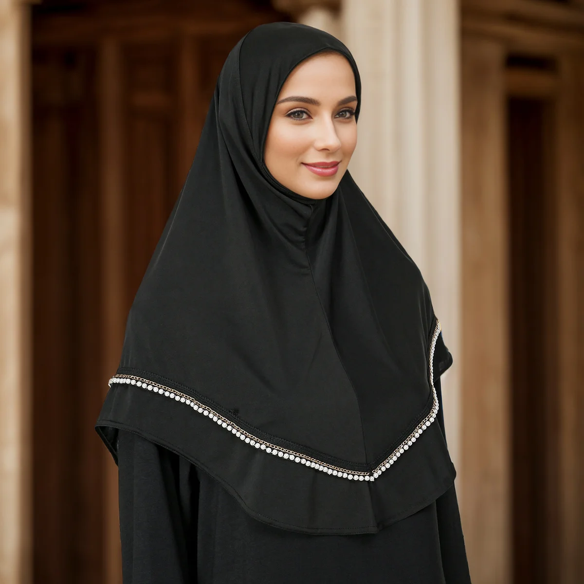 Мусульманский женский мгновенный хиджаб с жемчугом черный шарф бриллиантами