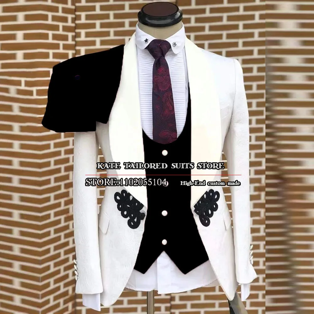 

3 Pieces Suits Men Slim Fit White Floral Jacquard Jacket+Black Vest+Pants Groomsman Wedding Tuxedos Tailored Made Blazer Sets