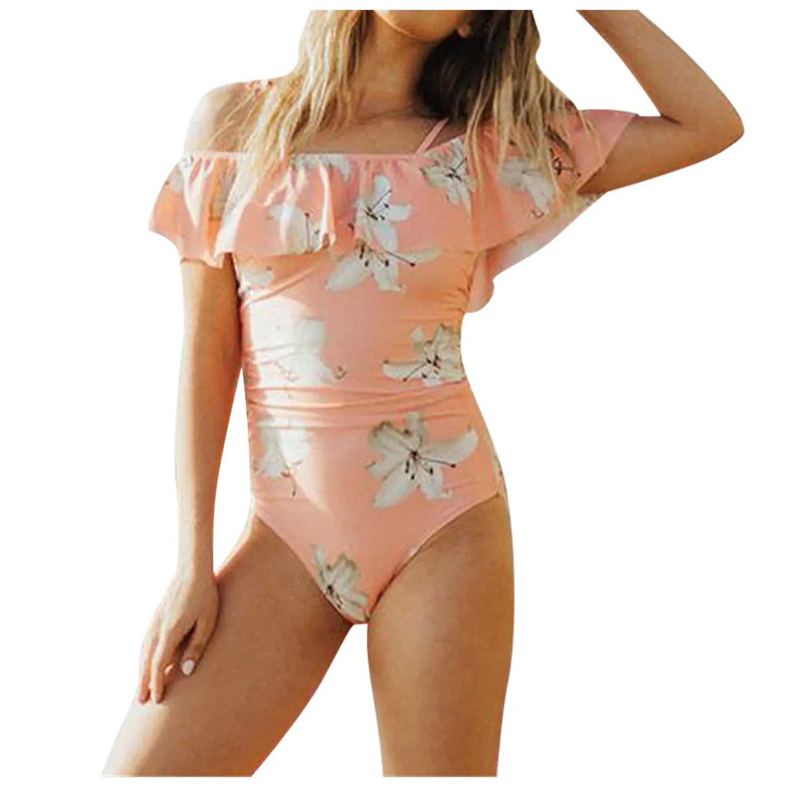 

Off Shoulder Print Off Bikini Women's Swimsuit Piece Floral Back Sexy One Ruffle Swimwears Tankinis Set