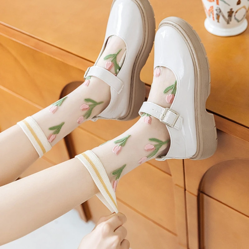 

Women Summer Transparent Mesh Crew Socks Fairy Tulip Flower Jacquard Patterned Ultra-Thin Crystal Silky Lace Hosiery