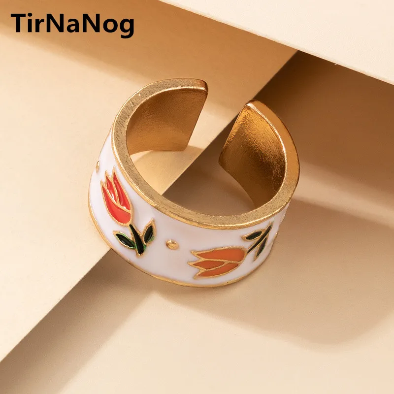 

2022 New South Korea Colored Enamel Glaze Flower Ring Fashion Elegant Luxury Geometric Drop Index Finger Ring Girl Gifts