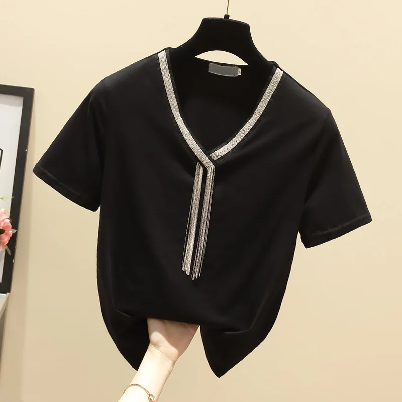 

Женская хлопковая футболка, летняя облегающая футболка в стиле High Street, однотонная модная футболка с коротким рукавом и V-образным вырезом, о...