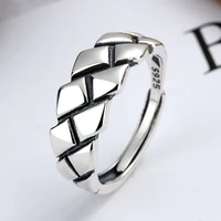 925 sterling silver womens finger ring korean vintage diamond plaid geometric open adjustment large ring couple fashion jewelry
