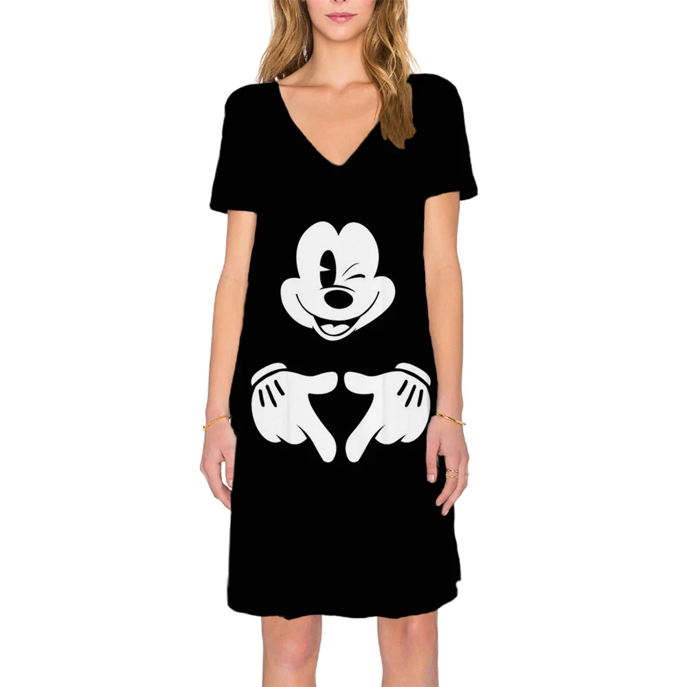 

Y2K Summer Boho Minnie A-line Dress Women Sexy V-neck Short Sleeve Casual Loose Dress Fashion Woman beach Sundress Disney Brand