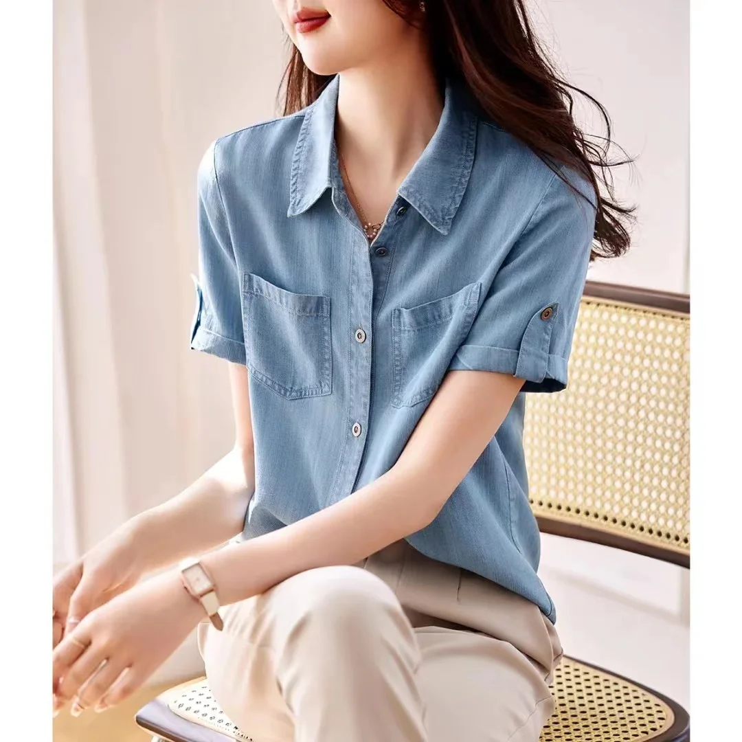 

2023 New Summer Simple Fashion Korean All-match Thin Vintage Loose Women Tencel Denim Short Sleeve Hot Sales Shirt Tops Z389