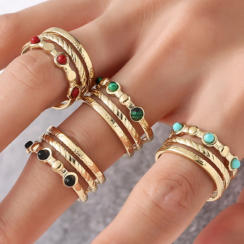 

Bohemian Gold Plated Wide Opening Rings Stainless Steel Ring for Woman Hollow Multilayer Inlaid with Turquoise Ring Jewelry