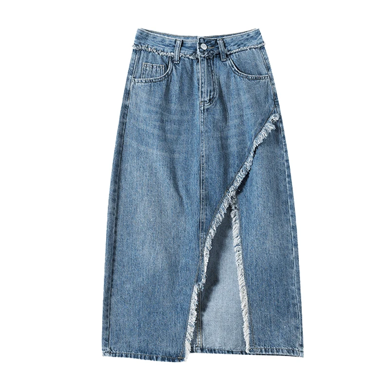 

Модные нестандартные джинсовые юбки, женская дизайнерская длинная джинсовая юбка с высокой талией и разрезом в стиле ретро с бахромой, уличная шикарная трапециевидная Женская юбка