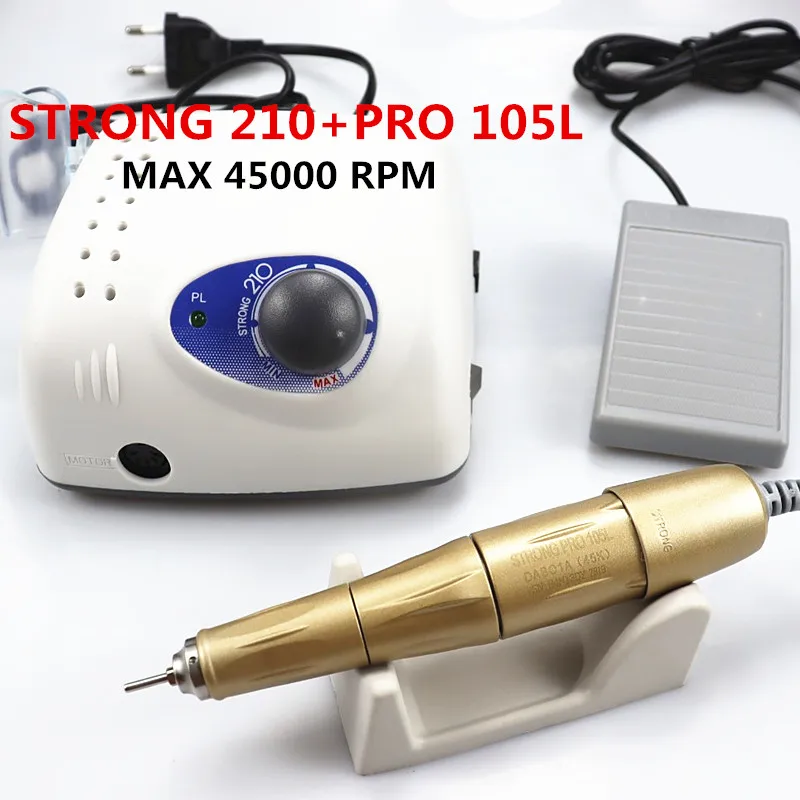 

2021 Новое поступление STRONG 210 PRO 105L наконечник 65 Вт 45000 об/мин фрезы для ногтей машинка для маникюра и педикюра электрические пилки