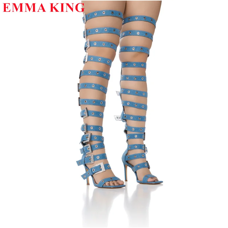 Босоножки женские выше колена модные сапоги на высоком каблуке с пряжкой молнией