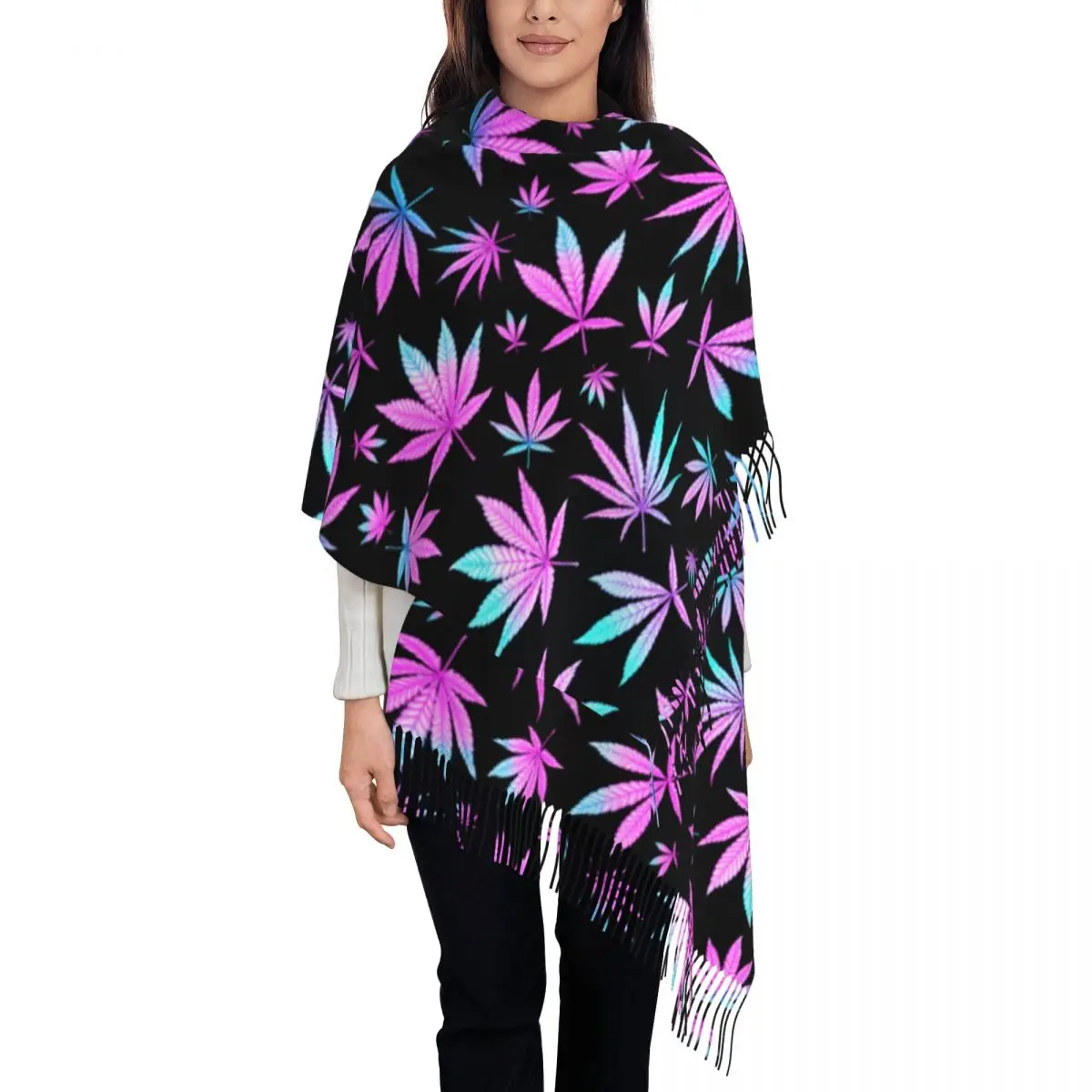 

Cannabis Leaves Shawls Wraps Women Warm Long Soft Scarf Marijuana Weed Leaf Pashminas Tassel Scarves