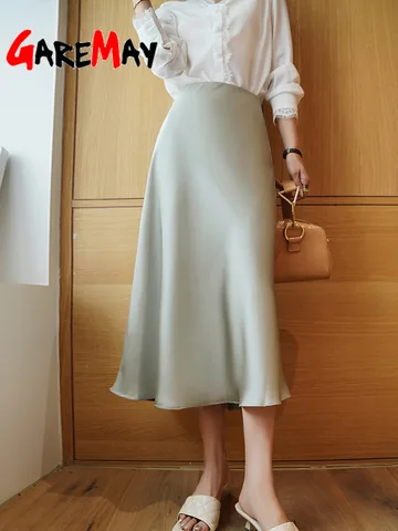 Summer Silk Satin Midi Skirt for Women 2023 New Elegant High Waist A Line Solid Office Balck Long Skirt Women Vintage
