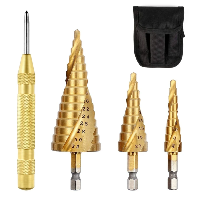

Hot HG-5Pcs High-Speed Steel Spiral Step Drill Bit Set With Automatic Spring Loaded Center Punch HSS Metal Hole Cutter