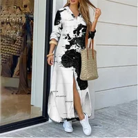 Spring Summer Women'S Shirt Long Dress Color Lapel Pattern Printing Fashion Collection Cross-Border Clothing Holiday
