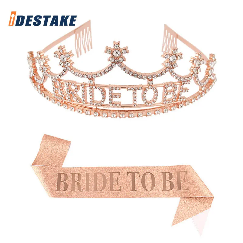

Gold Silver Crystal Bridal Crown Rhinestone Tiara Women Bride To Be Decor Satin Sashes Ribbon for Wedding Party Decor Supplies