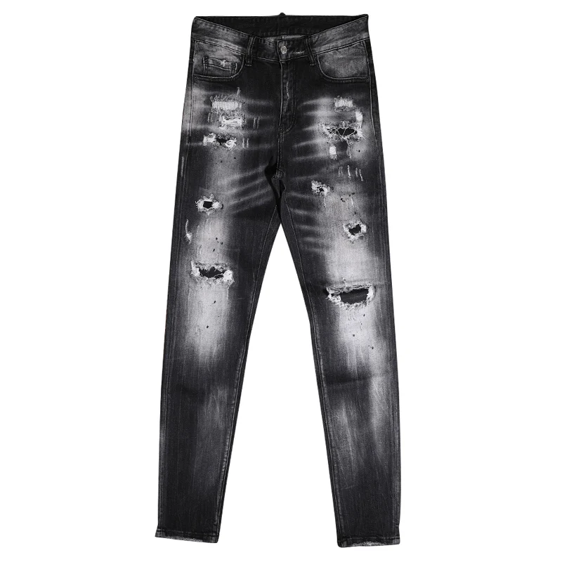 Streetwear Fashion Men Jeans Retro Black Gray Stretch Slim Ripped Jeans Men Hole Trousers Patched Designer Hip Hop Pants Hombre