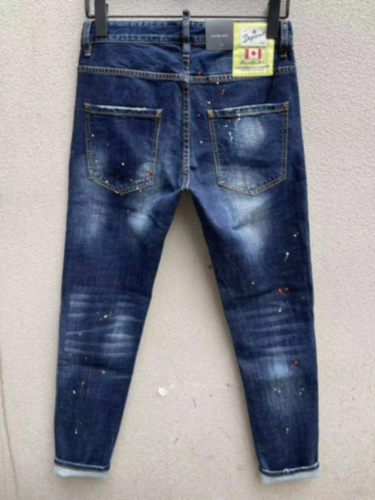 2023 Spring/Summer New D2 Jeans Men's Fashion Men's Washed and Worn Hole Patch Paint Speckled Ink Micro Elastic Small Feet Black
