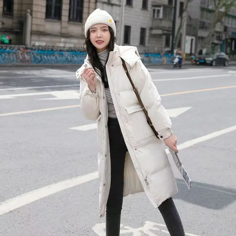 Women Oversize Thick Warm Cotton Zipper Solid Color High Waist Long Sleeve Jacket with Pocket New Long Hooded Winter Down Coat