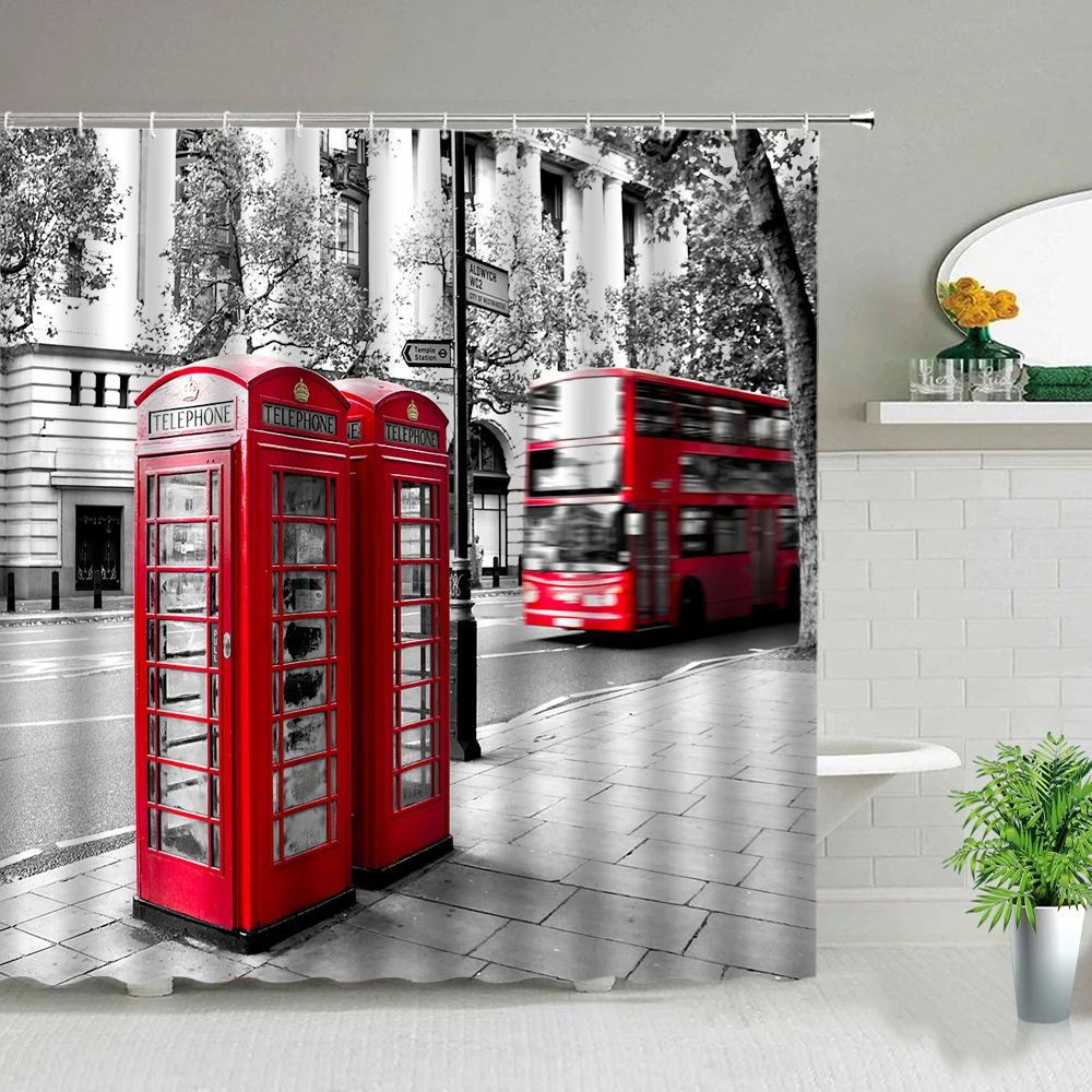 

Классическая лондонская красная телефонная будка в стиле ретро, занавеска для душа для ванной комнаты, водонепроницаемые тканевые шторы, модный художественный декор для ванной, домашний декор