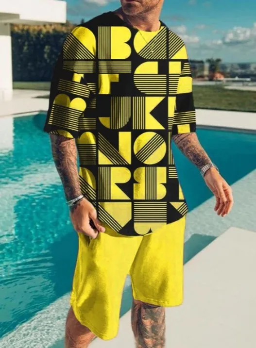 Street Letter Print Tracksuit Men's Summer Short Sleeve T-shirt Hawaii Style Short Pant 2-Piece Set Man Jogging Suit