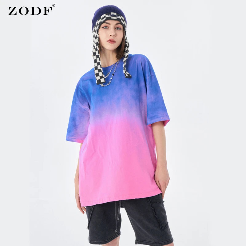 Zodf para Homens Streetwears para Unisex Jovens Verão Gradiente T-shirts Alta Rua Hip Hop Solto 200gsm Algodão Macio t Camisa Hy0146