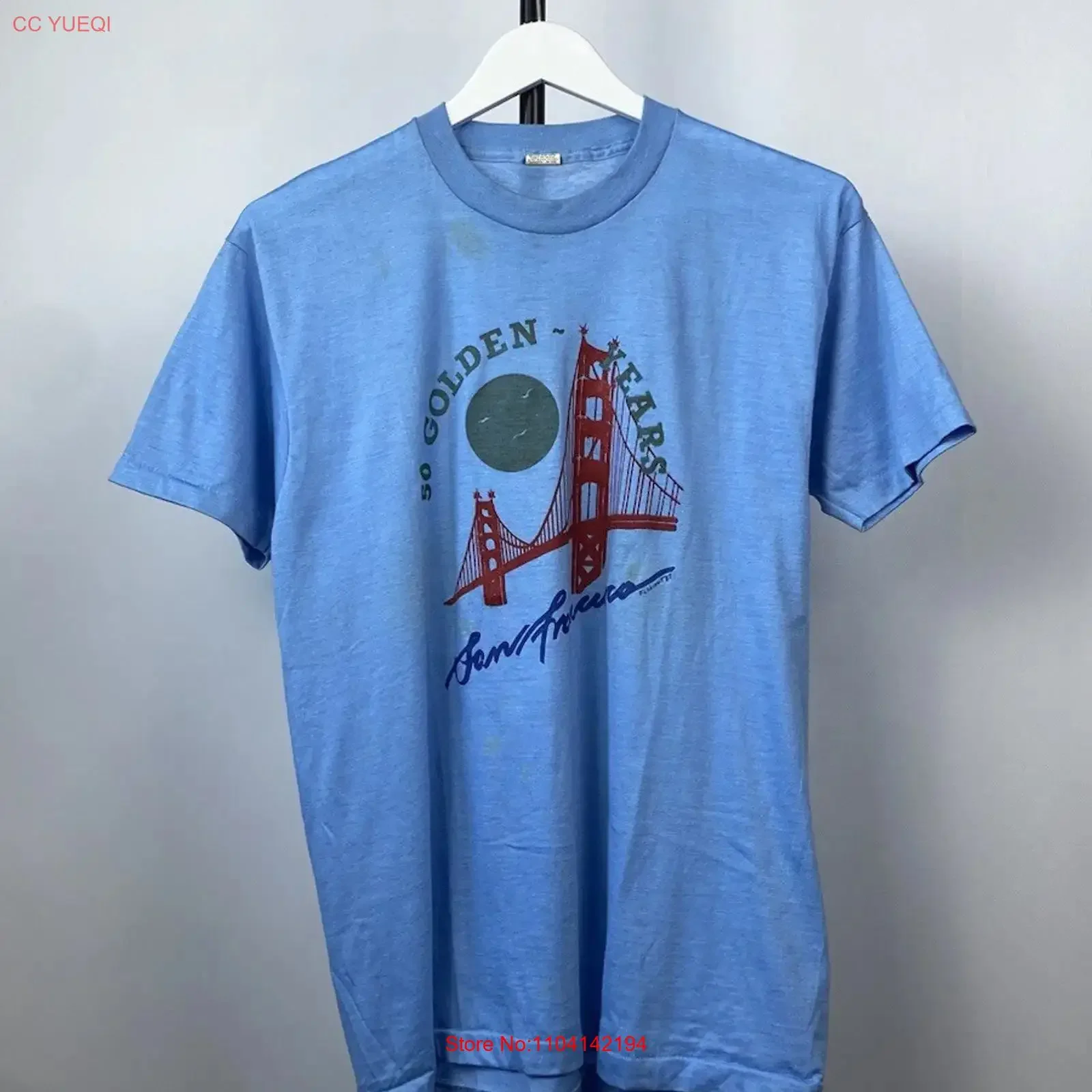 Фото Винтажная футболка Crazy Vntg 1987s USA 50 Golden Years San Francisco, мужская, размеры L, XL, с эффектом потертости, универсальная дизайнерская одежда №1